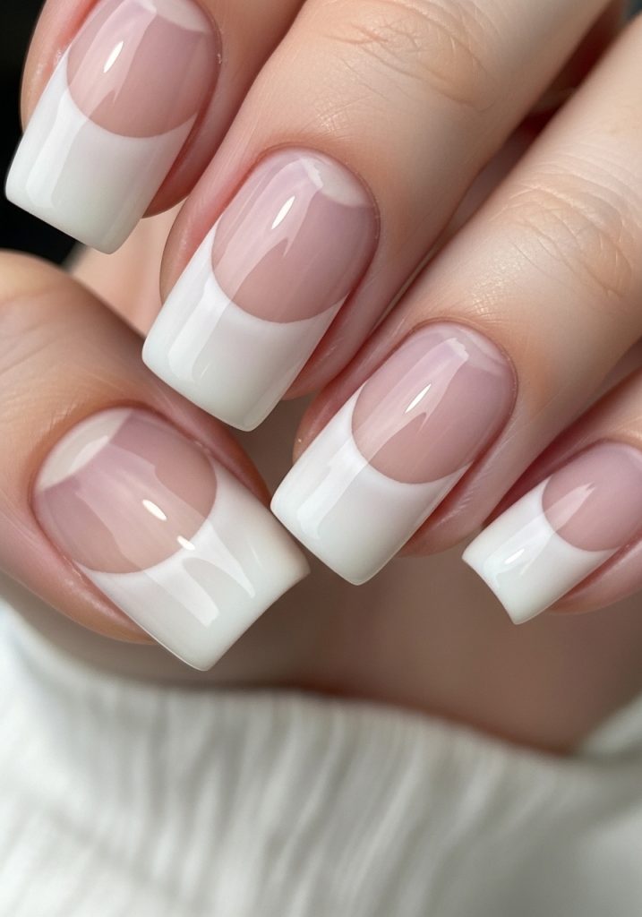 Milky white nails with a negative space crescent moon cutout at the base of the nail