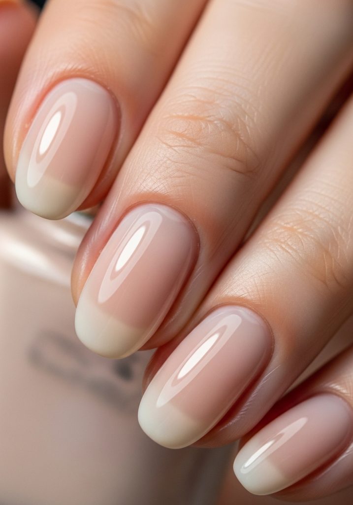 All ten nails in a milky nude shade with warm beige undertone and glossy finish