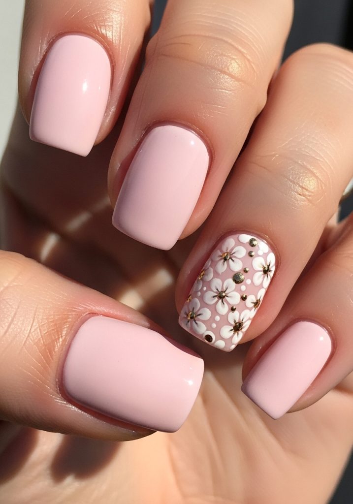 Milky pink nails with tiny white and gold floral design on the ring finger accent nail