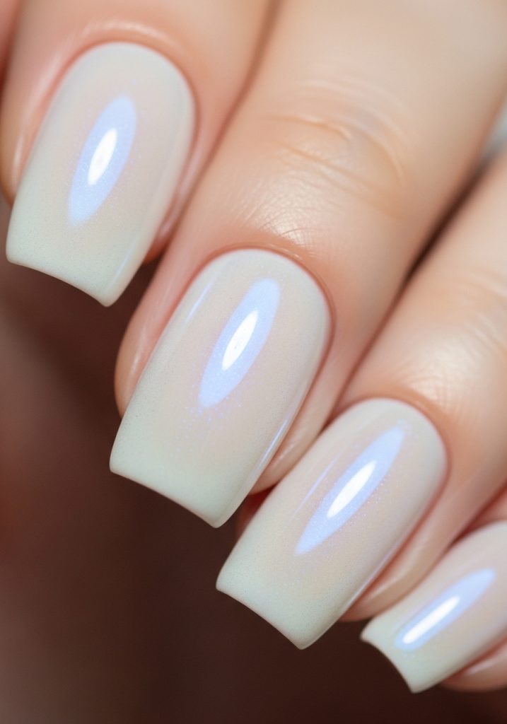 Milky nails with a soft pearl chrome powder finish showing subtle iridescent shimmer