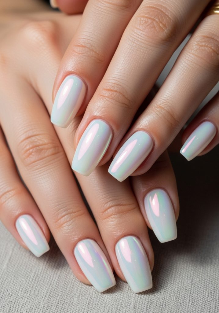 Short coffin shaped pearlescent opalescent white prom nails glowing with pink and lavender iridescence