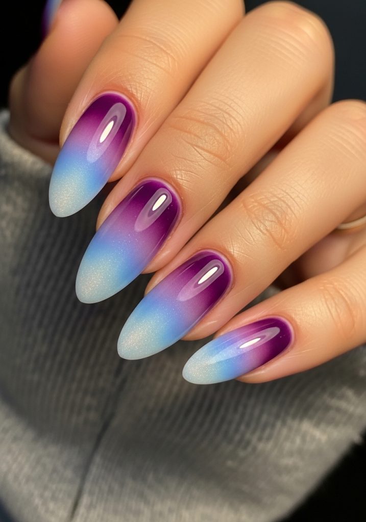 Medium almond shaped purple fading into blue dreamy aura effect prom nails