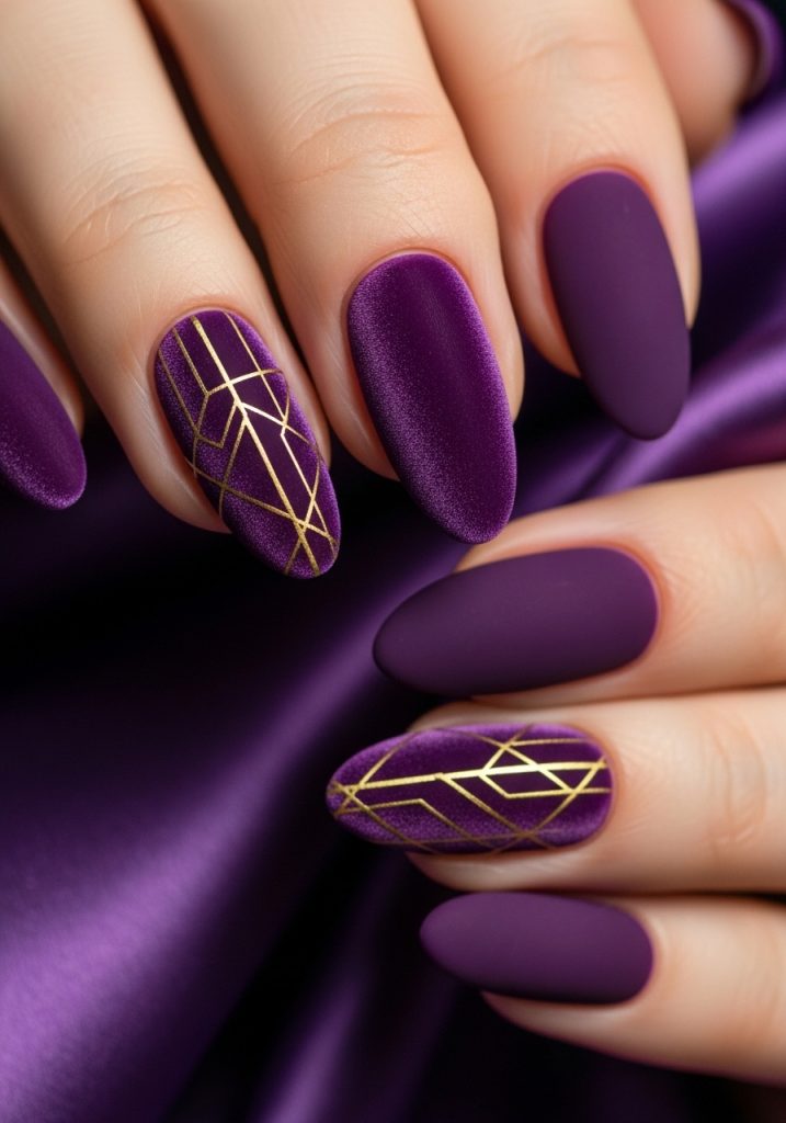 Medium almond shaped amethyst purple velvet matte prom nails with delicate gold geometric nail art