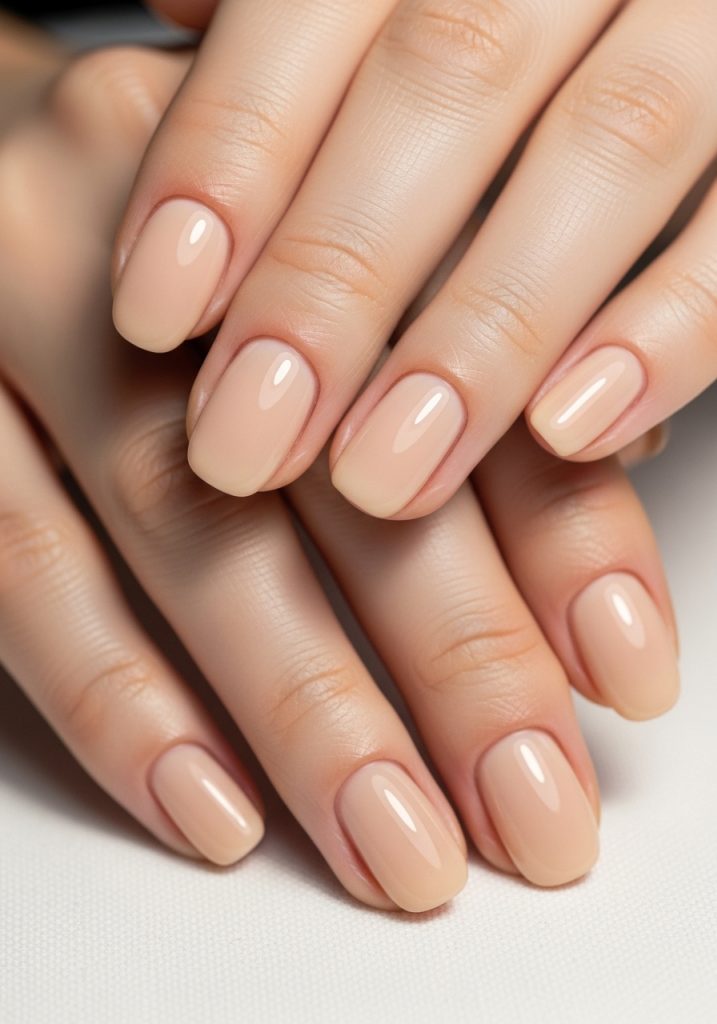 Short oval shaped clean warm nude beige prom nails against white linen background