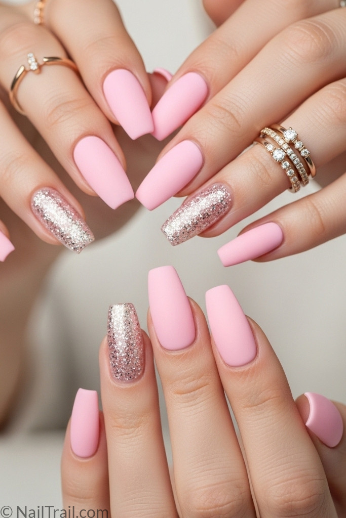 Ballerina nail shape designs with matte pink manicure