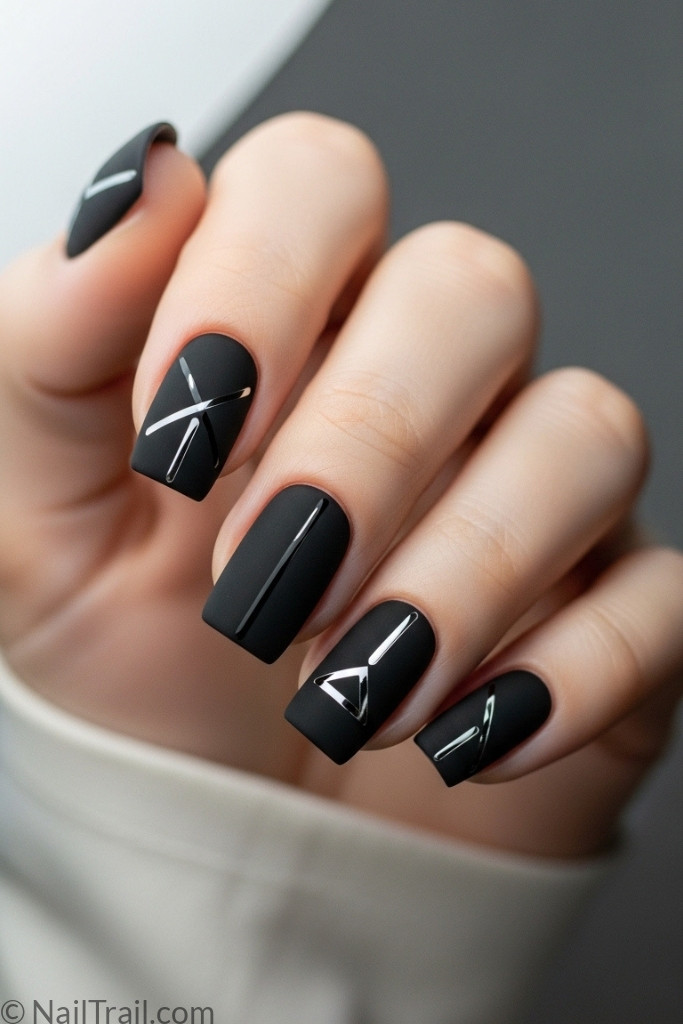 Black matte nail design with geometric accents