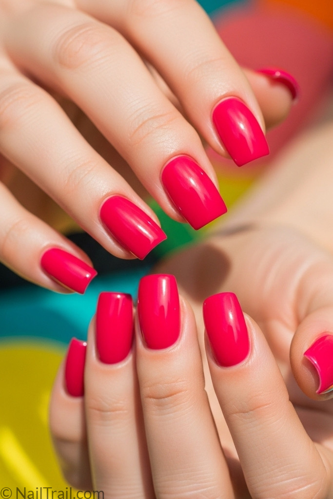 Bright hot pink manicure on short nails