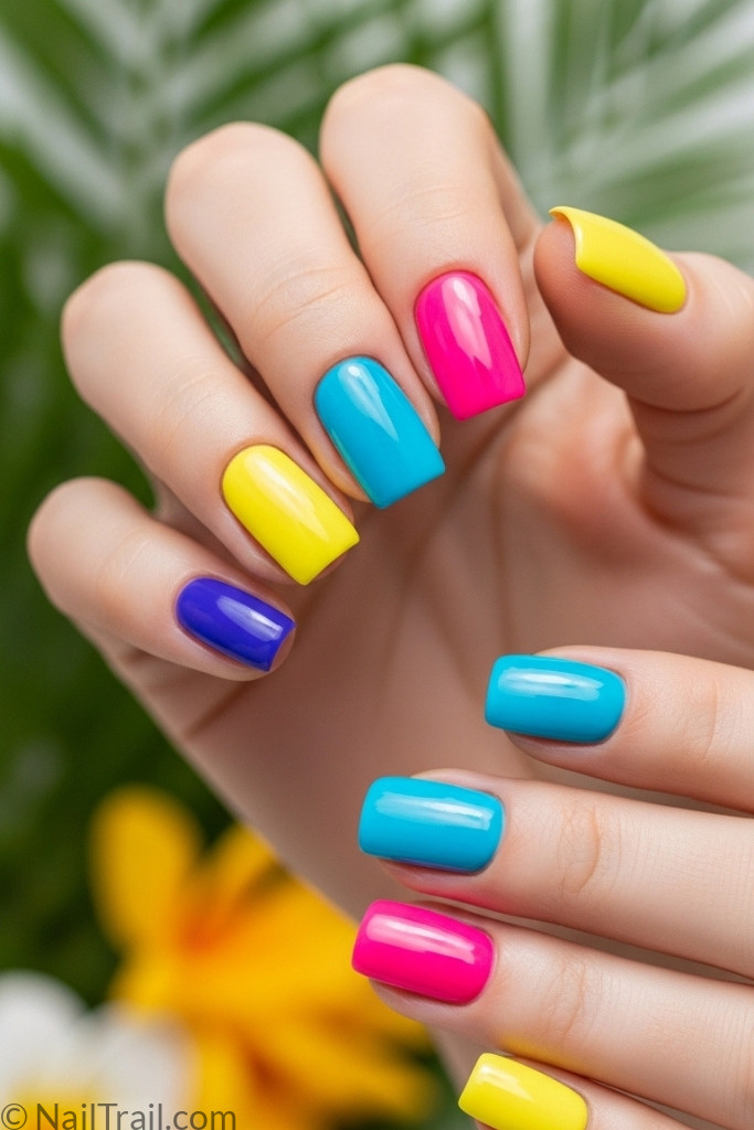 Bright neon nails in pink, blue, and yellow with glossy finish