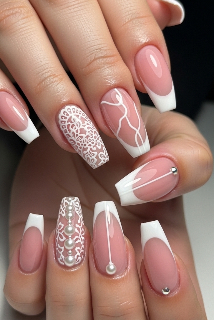 Celebrity inspired French manicure acrylic nails with soft pink base