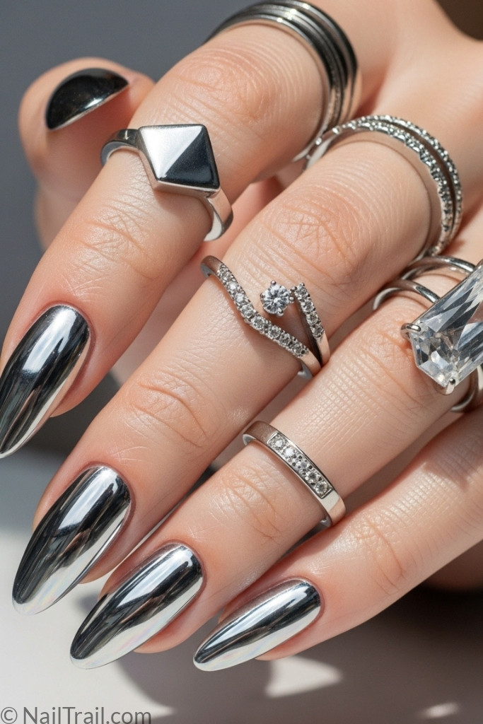 Chrome nail designs with metallic silver manicure