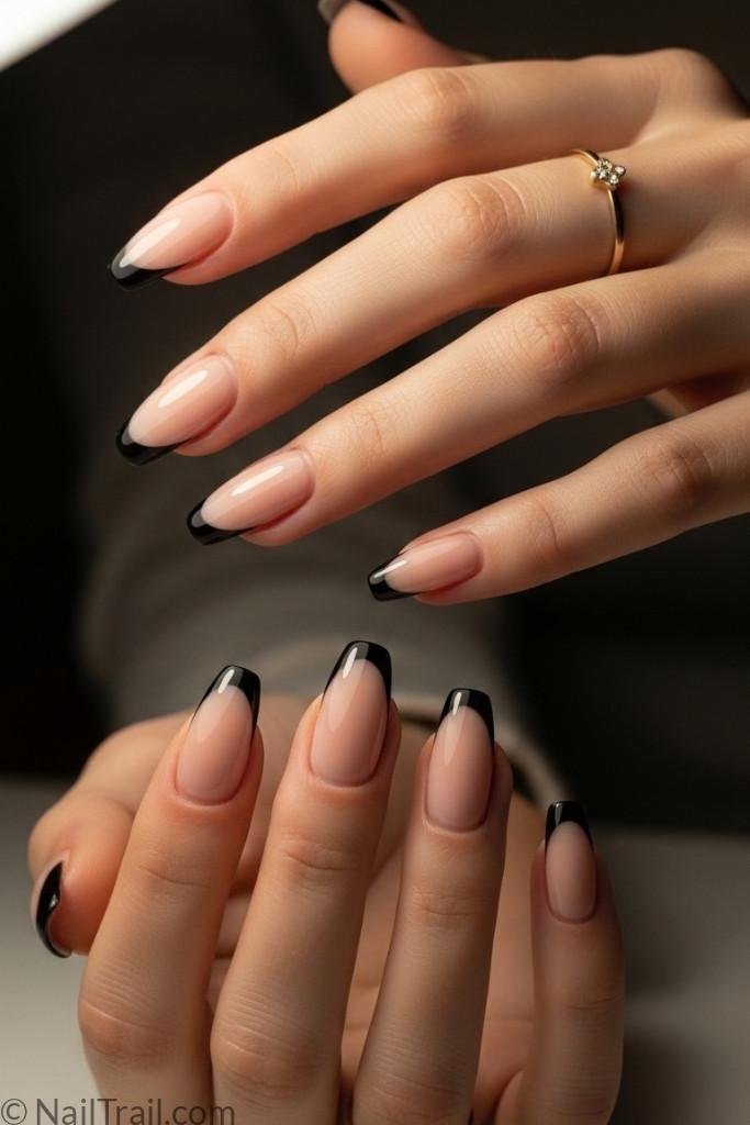 Classic black French tip nails on almond-shaped hands with nude base