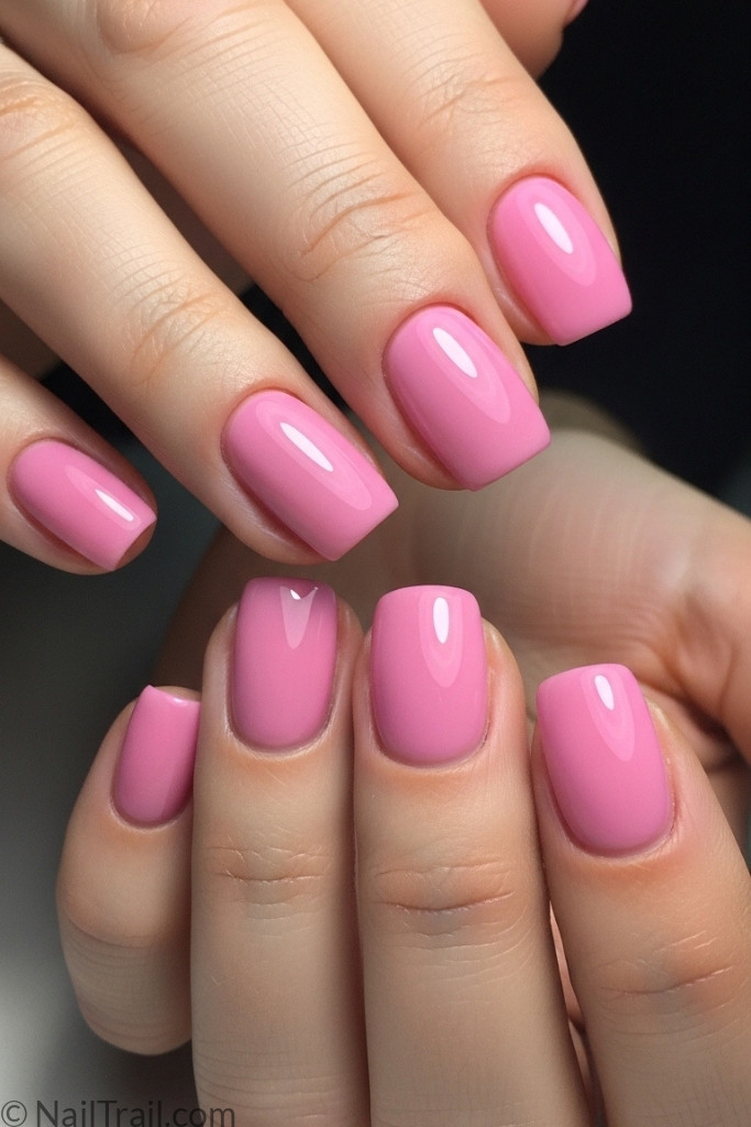 Classic glossy pink gel manicure on short nails