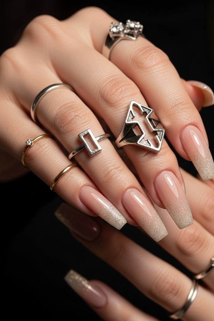 Coffin nail designs with nude ombre manicure