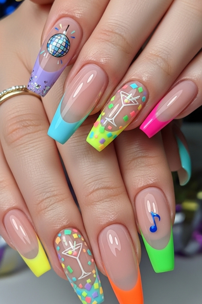 Colorful French tip acrylic nails with vibrant tips on nude base