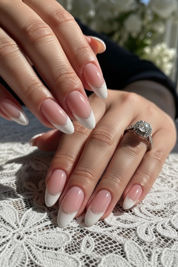 Elegant bridal French manicure acrylic nails with soft pastel base and white tips