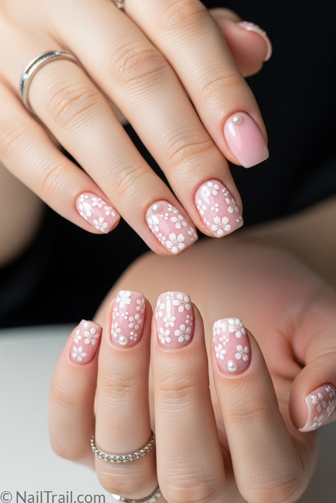 Floral nail art design on pastel pink manicure