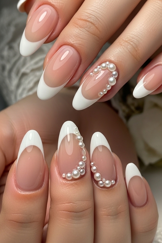 French tip acrylic nails with pearl embellishments on nude base