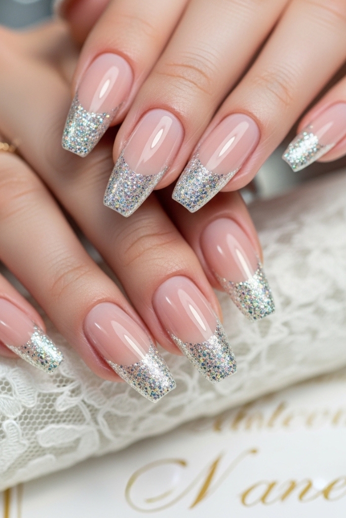 Glitter French manicure acrylic nails with nude base and sparkling tips