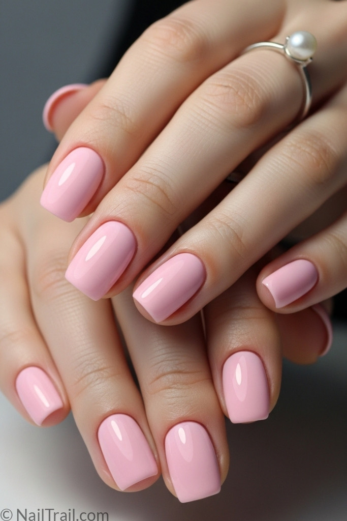 Glossy baby pink nails on short rounded manicure
