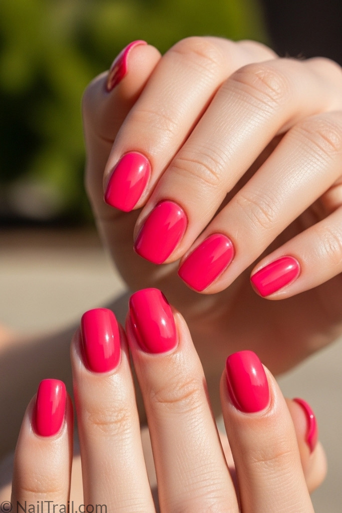 Glossy candy pink manicure on short nails