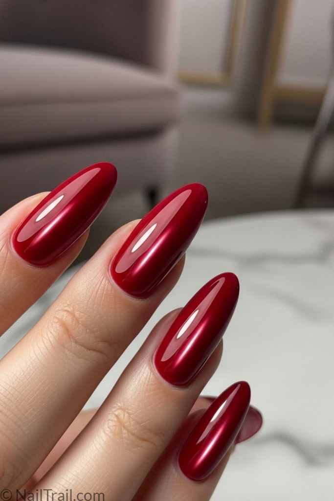Glossy deep red nails with reflective shine