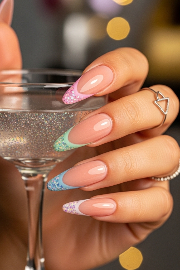 Instagram trending French tip acrylic nails with glitter and pastel tips