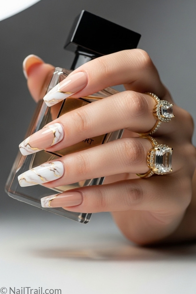 Long coffin nail shape with glossy manicure