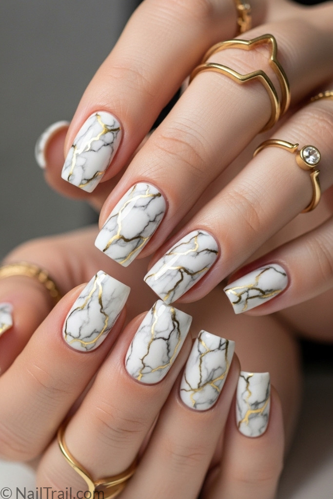 Marble nail art manicure with gold detail