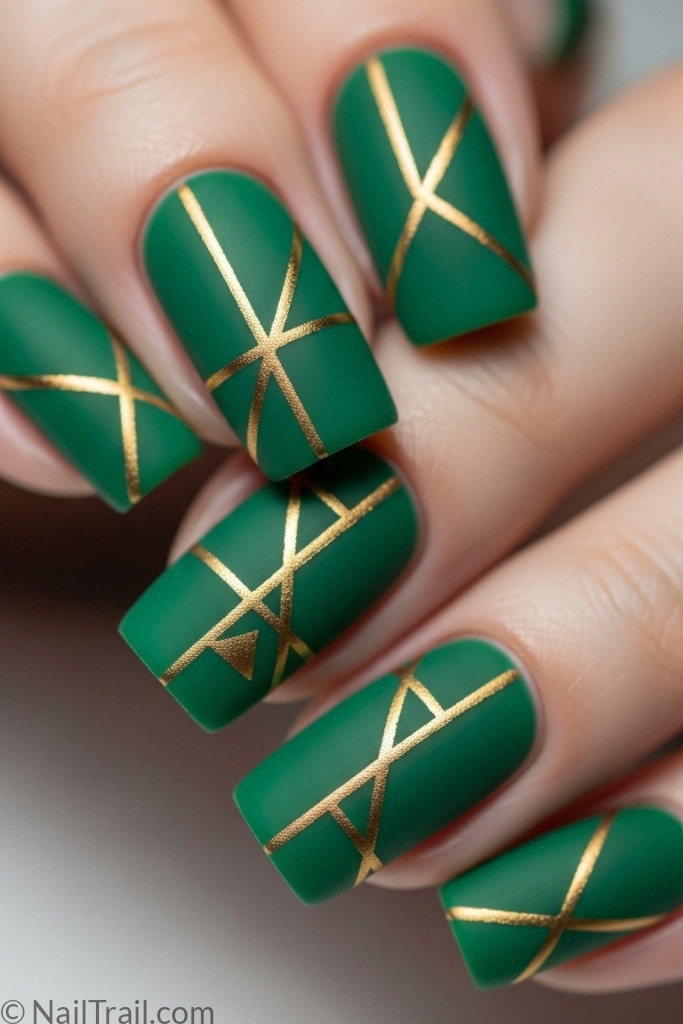 Matte green nails with gold geometric accents