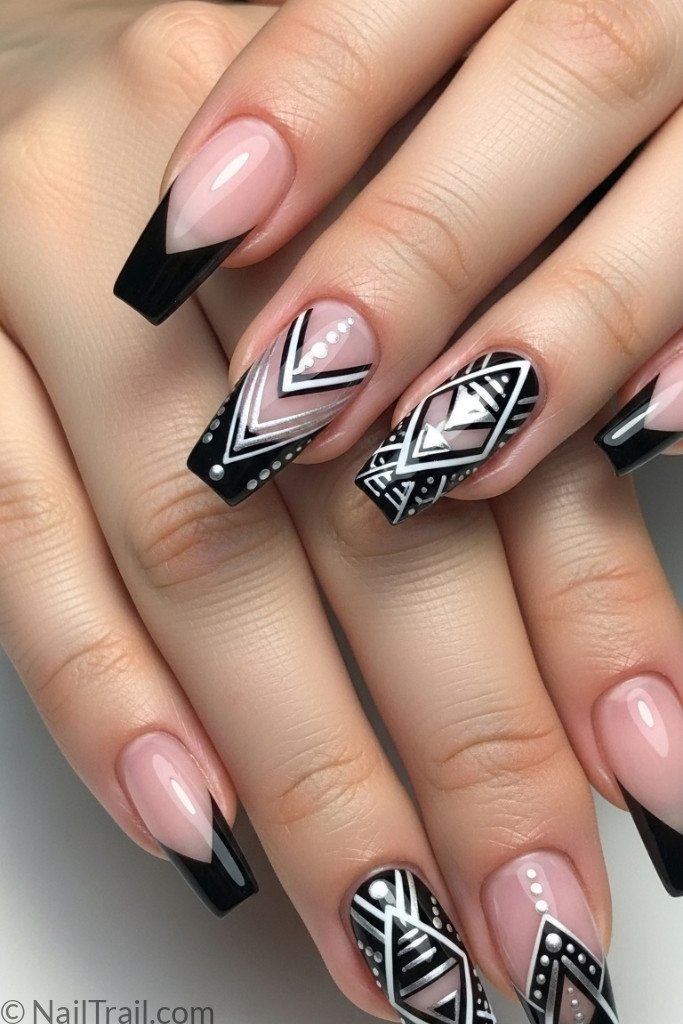Medium-length coffin nails with edgy black French tip geometric patterns