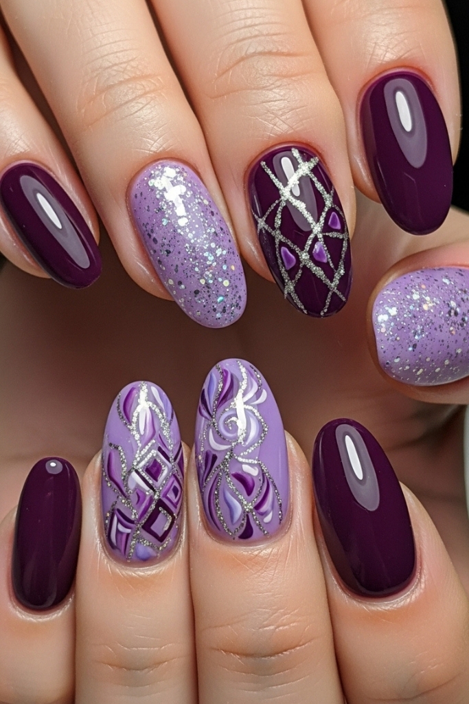 Medium-length purple gel nails with subtle glitter accents