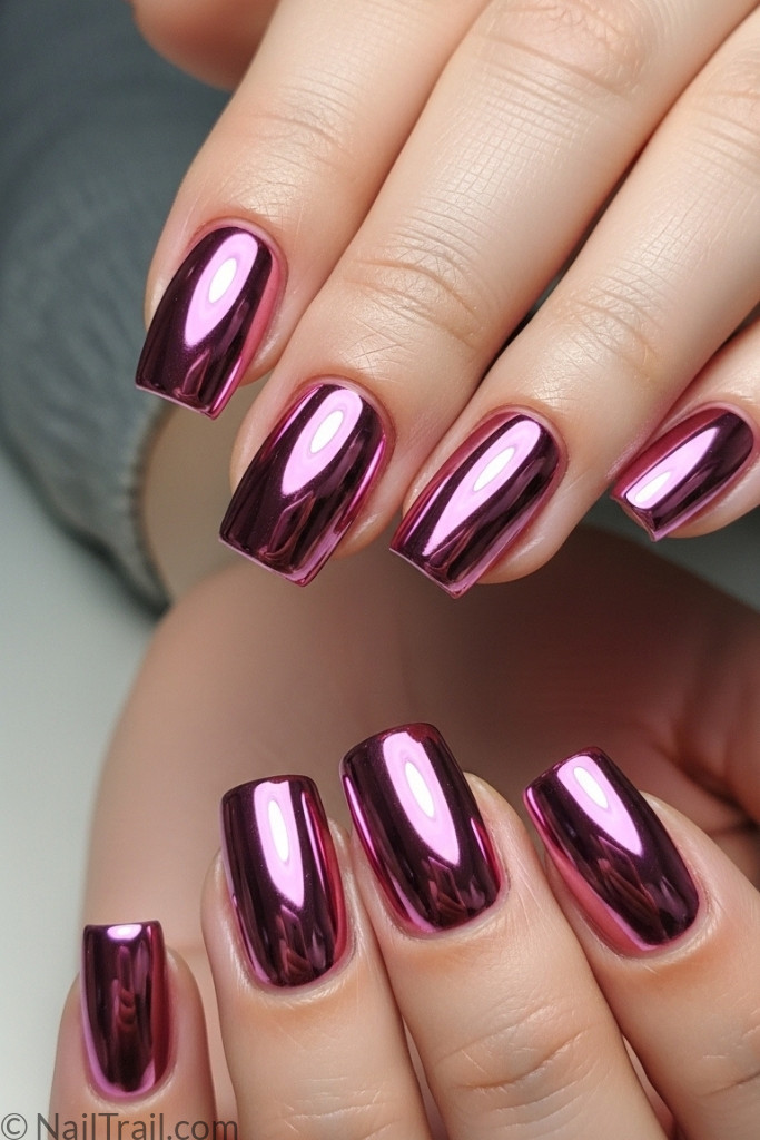 Metallic pink chrome manicure on short nails