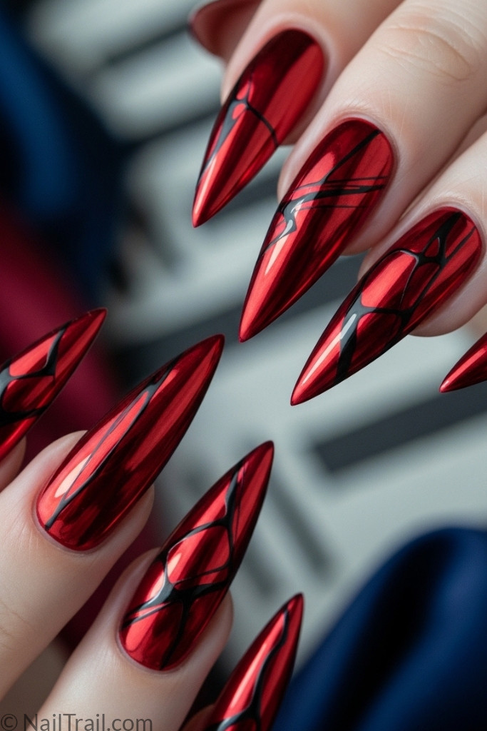 Metallic red stiletto nails with black abstract design