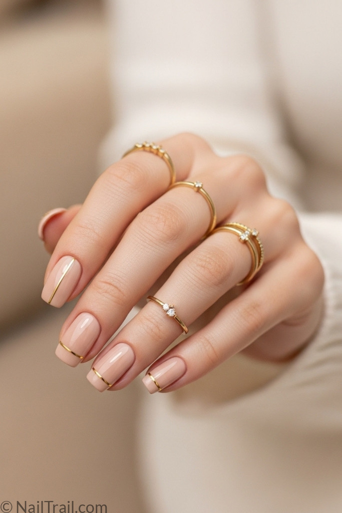 Minimalist nude nail manicure with gold line design