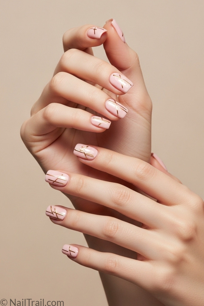Minimalist pale pink short nails with thin gold lines