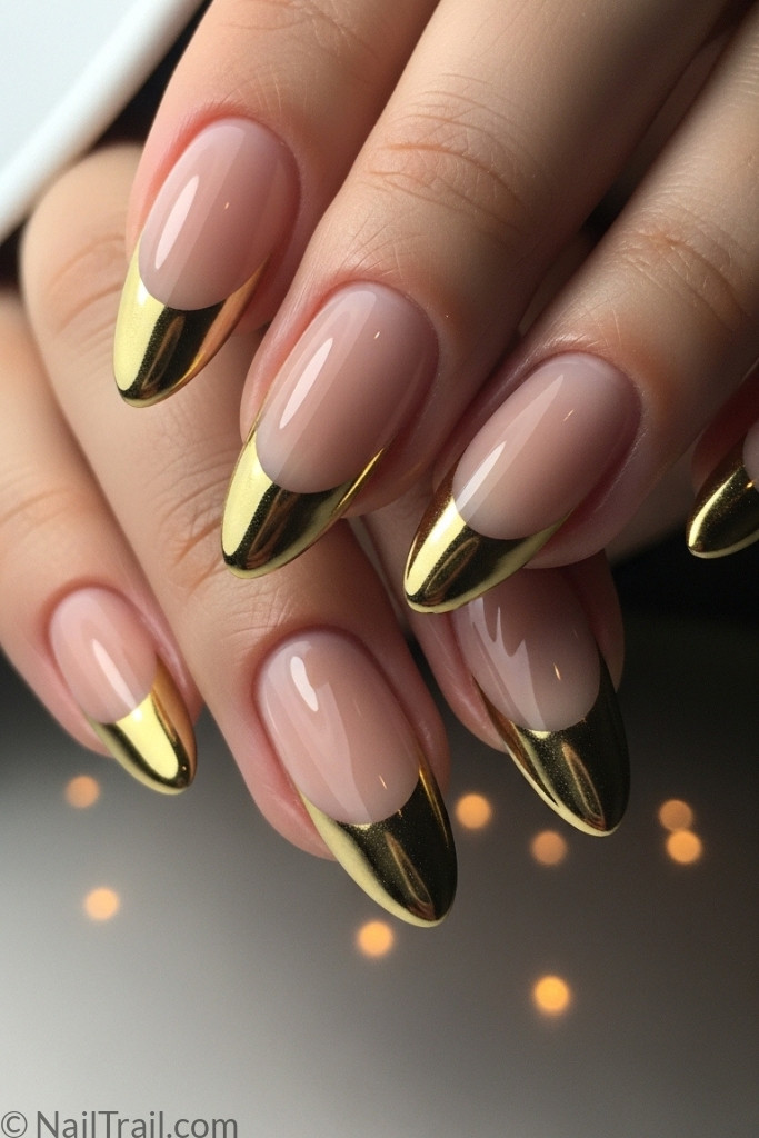 Modern French tip nails with nude base and gold edges