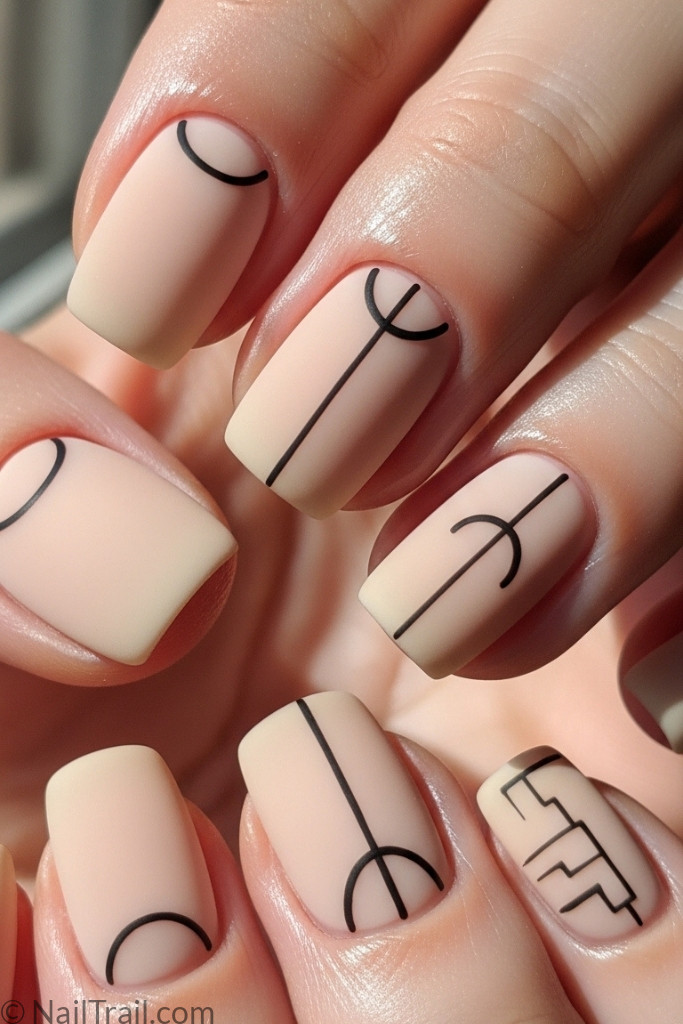 Neutral minimalist nails with black line accents