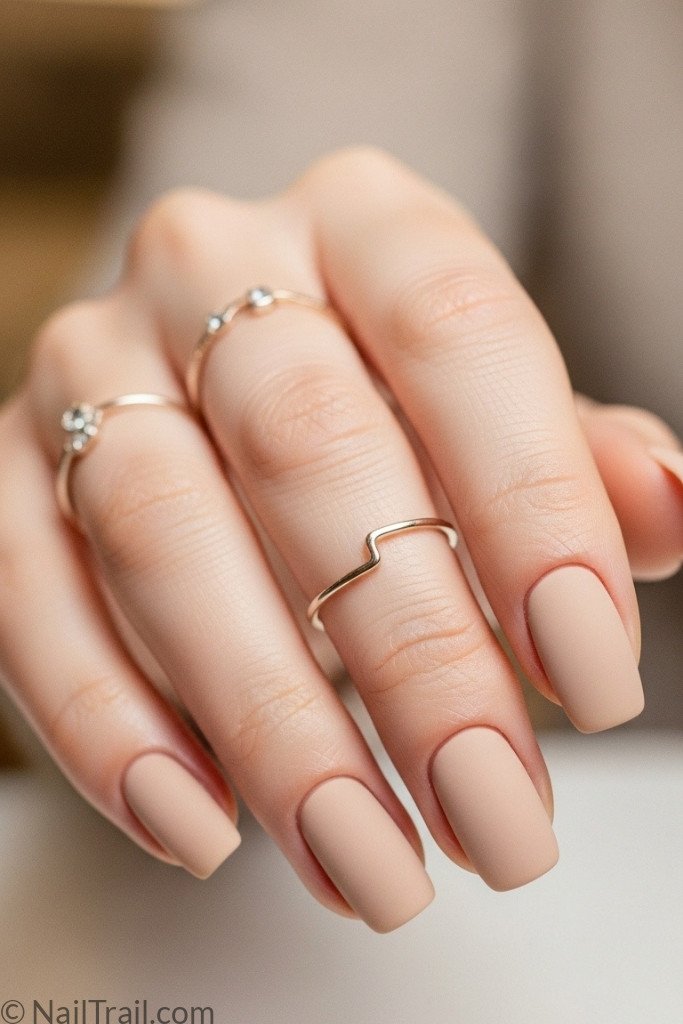Nude and beige matte nails with minimalist rings