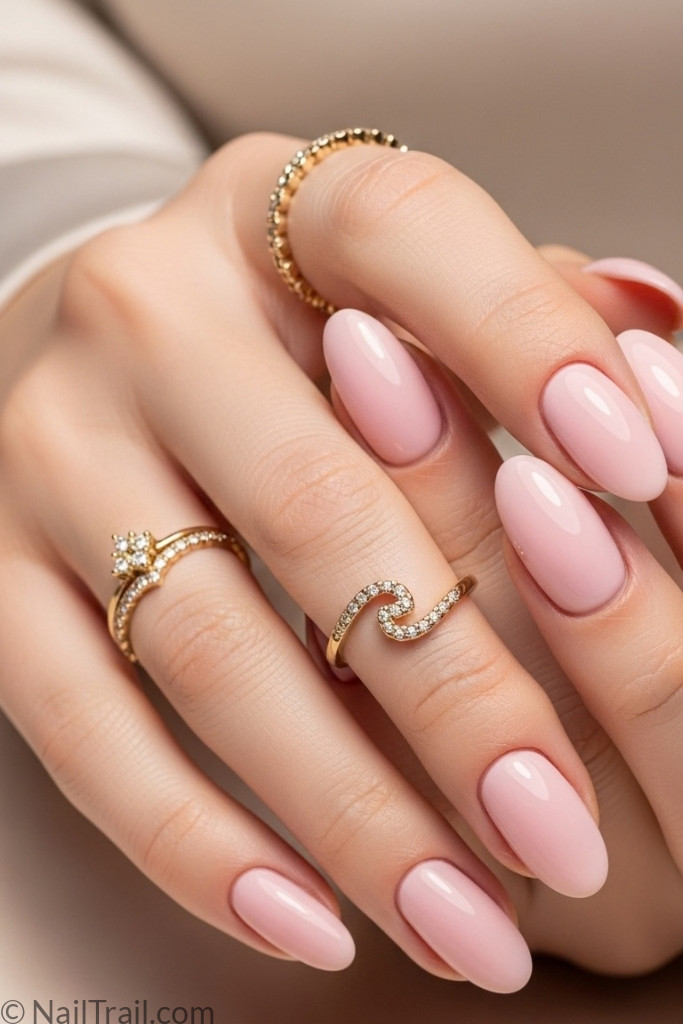 Oval nail shape with pastel glossy manicure