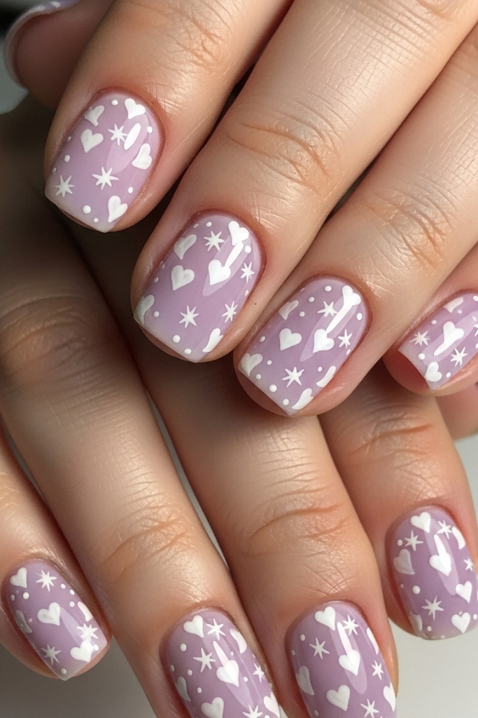 Pastel lavender nails with cute heart and star accents