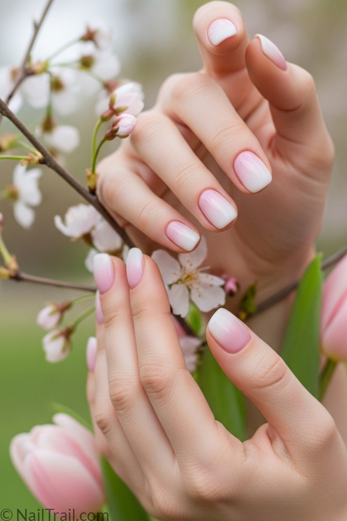 Pastel pink ombre manicure on short nails