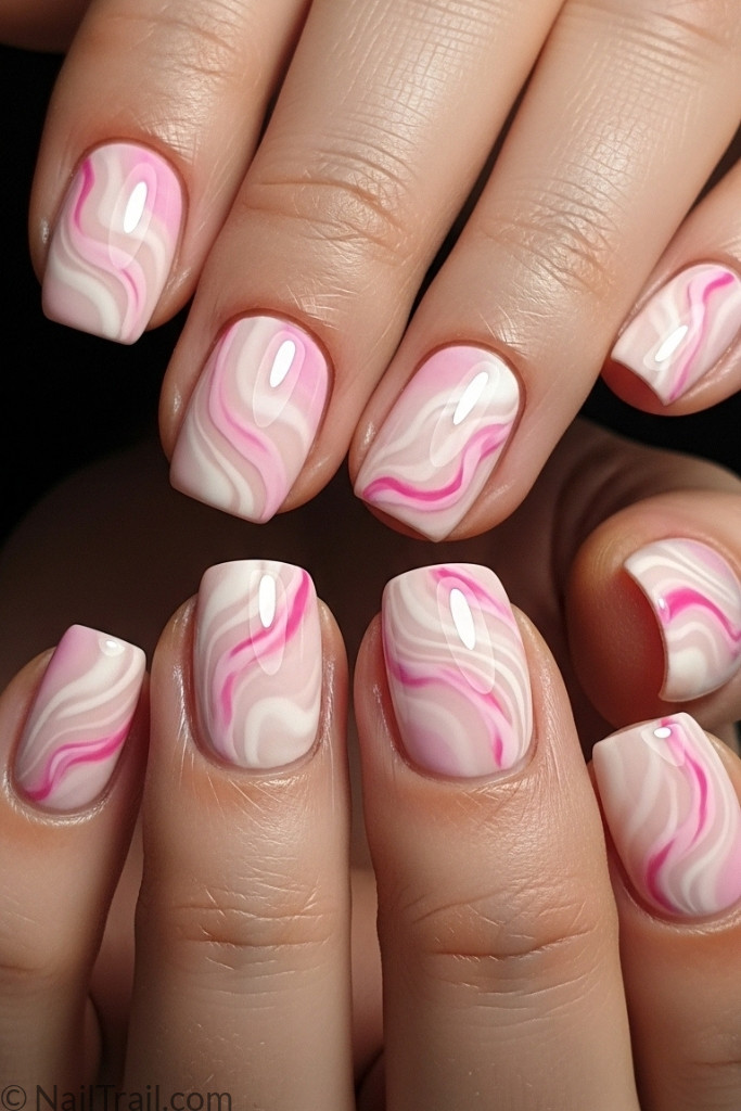 Pink marble nail art on short nails
