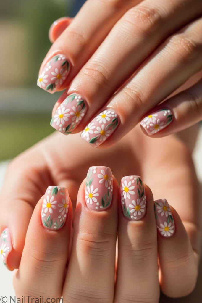 Pink nails with white and yellow hand-painted daisies