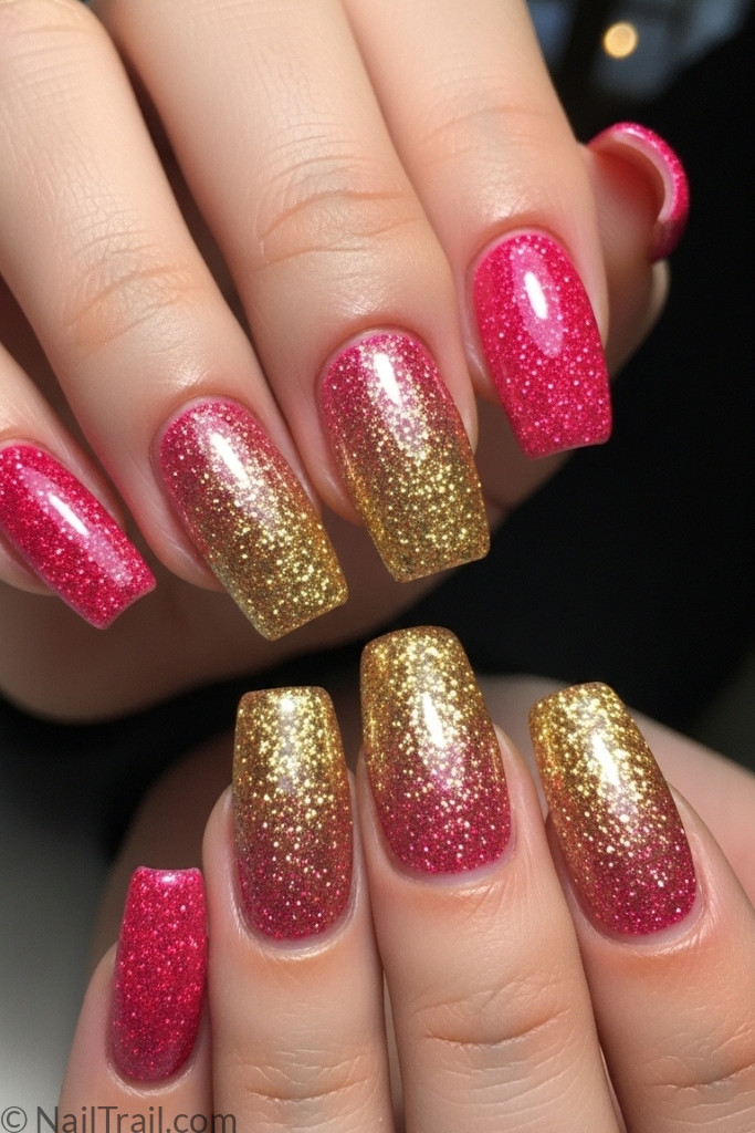 Pink-to-gold ombre glitter nails sparkling