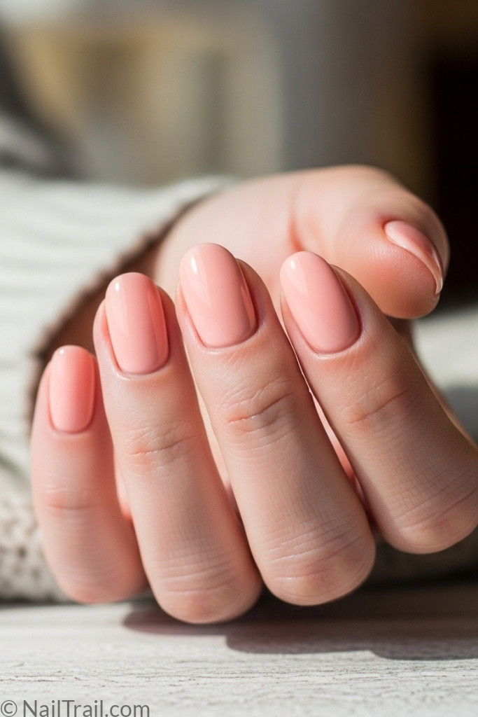 Round nail shape manicure with peach polish