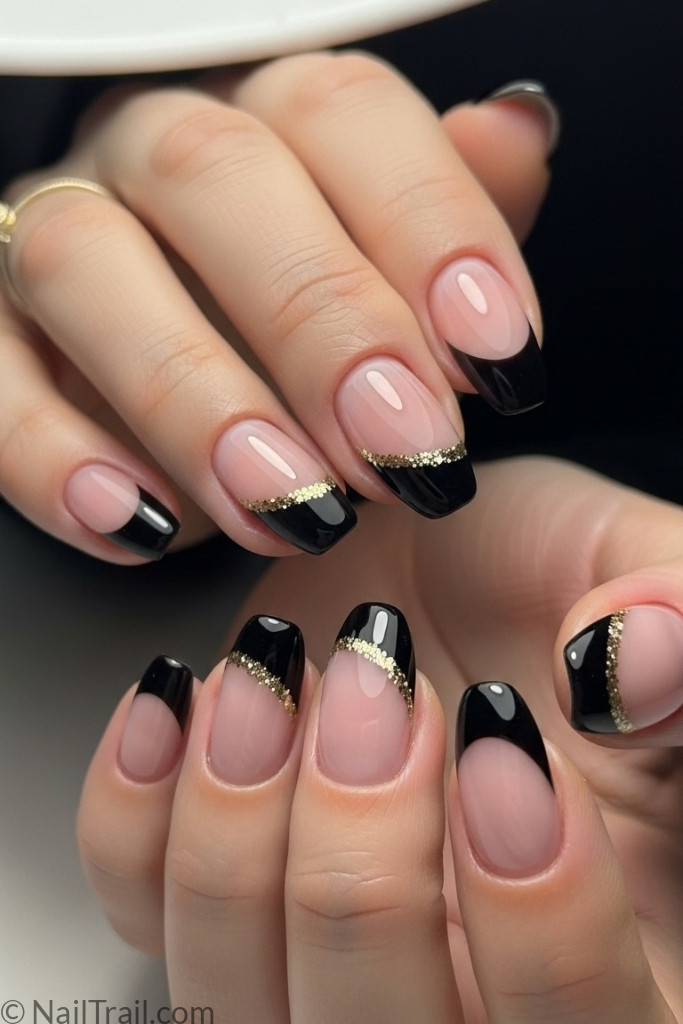 Short black French tip nails with gold glitter line