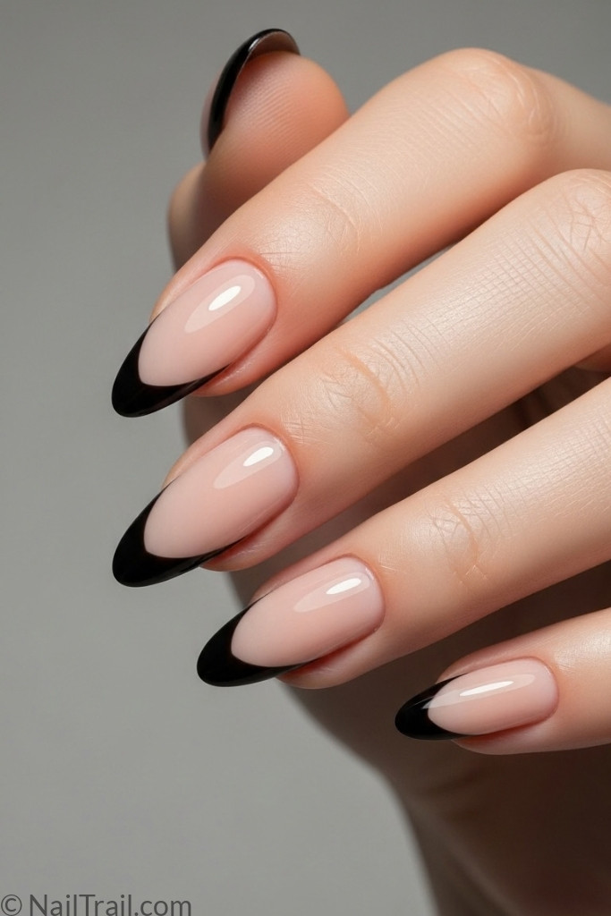 Short minimalist black French tip nails with negative space