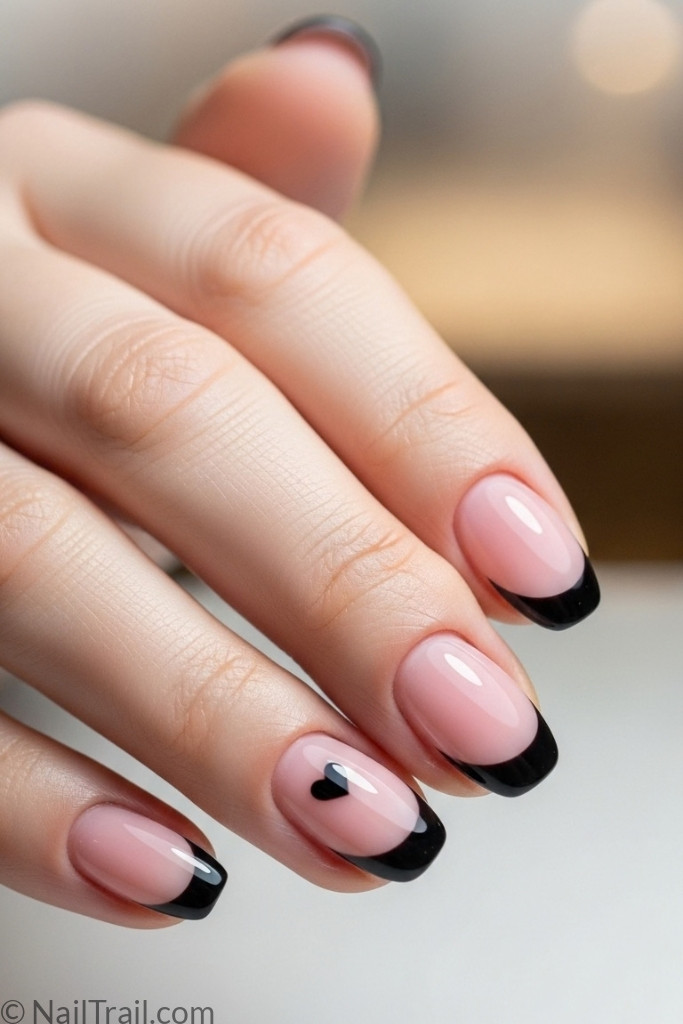 Short oval black French tip nails with heart accents
