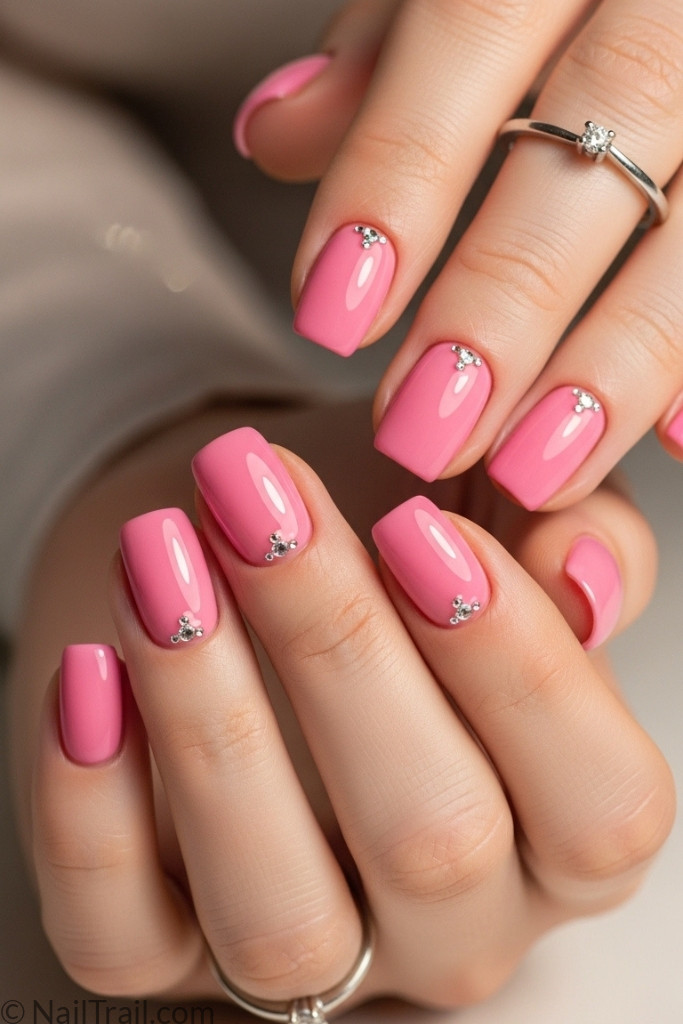 Short pink nails with crystal accent design