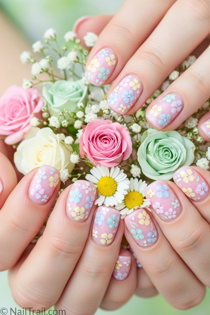 Short pink nails with delicate floral nail art
